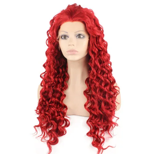 Vista 4 de Mxangel largo resistente al calor Fibra pelo rojo elegante rizado Encaje frontal peluca