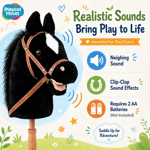 Vista 4 de Nature Bound Caballo de palo Caballo en un palo con efectos de sonido – Poni de peluche hecho a mano para niños pequeños y niños Mango de madera