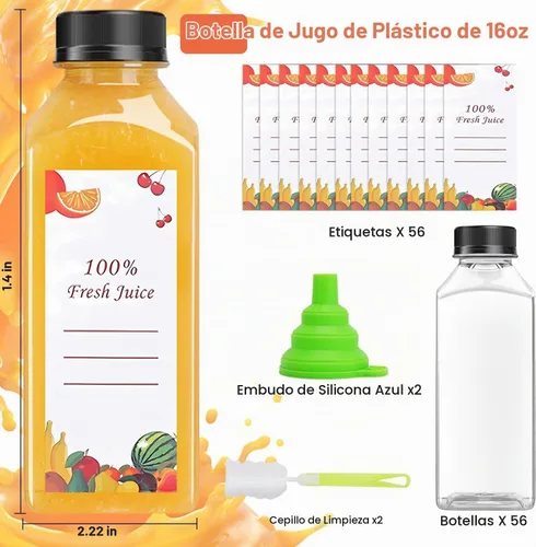 Vista 3 de OBKJJ 56 botellas de jugo de 16 onzas, botellas de jugo con tapas, reutilizables, botellas transparentes vacías con etiqueta, embudo, cepillo