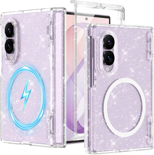 Vista 38 de Btscase Funda para Samsung Galaxy Z Fold 5, protector de pantalla frontal integrado, patrón de mármol dorado con purpurina de policarbonato duro
