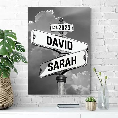 Vista 4 de Cartel de calle vintage de lienzo personalizado para parejas, cartel de cruce de caminos con nombre personalizado, el mejor regalo para parejas