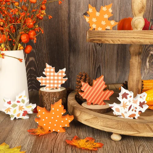 Vista 4 de COCHIE Decoración de hojas de otoño de madera para oficina en el hogar, decoración de bandeja escalonada para mesa de Acción de Gracias en granja