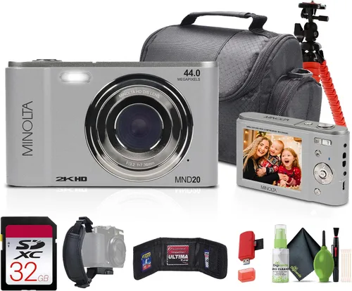 Vista 7 de Minolta MND20 Cámara digital Quad HD de 44 MP / 2.7K (negro) + tarjeta de memoria de 32 GB + trípode flexible de 12 pulgadas + cartera de tarjetas