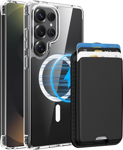 Vista 20 de Funda magnética para Samsung Galaxy S25 FE, transparente y negro con soporte para tarjetas de crédito desmontable, compatible con MagSafe, ajuste