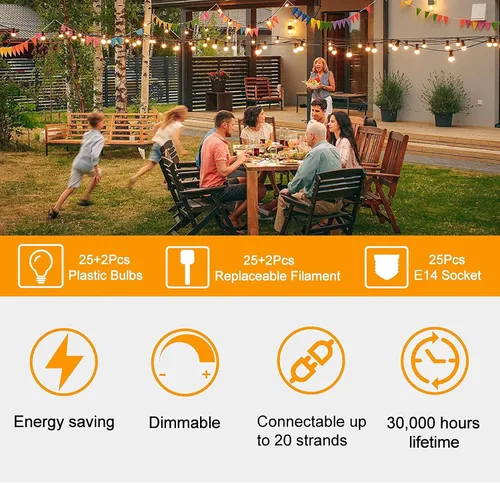 Vista 5 de ZOTOYI Guirnalda de luces para exteriores, luces de bistró de 25 pies con 13 bombillas LED ST38 inastillables, tira de luces conectables