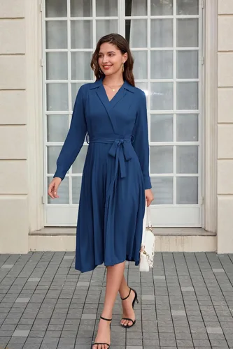 Vista 8 de GRACE KARIN Vestidos plisados de manga larga para mujer, con cuello en V, fluidos, para negocios, casual, acampanado, para negocios