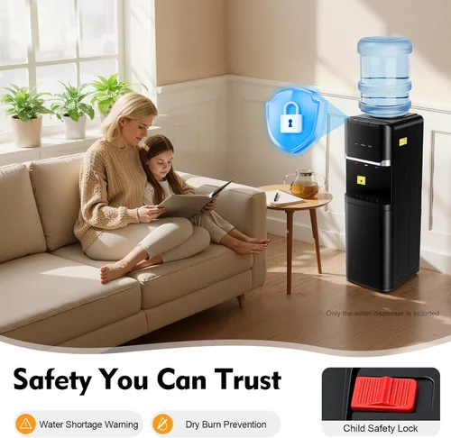 Vista 6 de Dispensador de enfriador de agua de carga superior para botellas de 5 galones, enfriador de agua de pie negro con 3 ajustes de temperatura y bloqueo