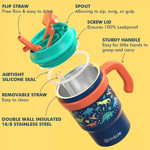 Vista 7 de Fimibuke Taza térmica para niños con asa y pajita - 16 oz Vaso a prueba de fugas para niños pequeños con tapa 2-en-1 de sorbo/trago, sin BPA