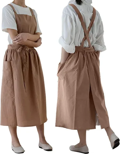 Vista 4 de Delantal japonés de algodón y lino con espalda cruzada para mujer con bolsillos, vestido de moda con lazos en la cintura