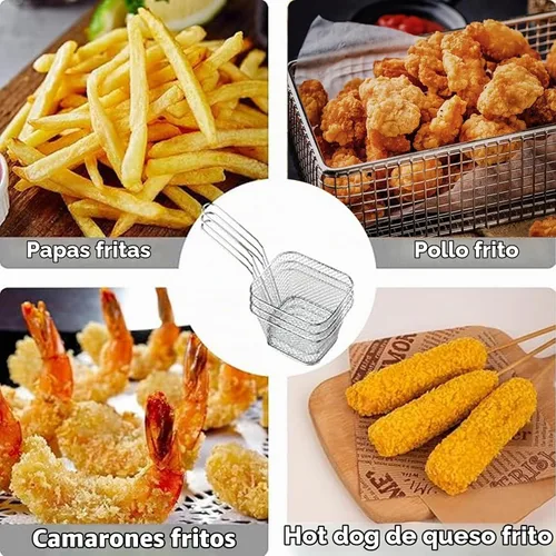 Vista 4 de 12 cestas cuadradas de acero inoxidable para freír con asa, cestas de alimentos para servir reutilizables, mini freidora con cesta para cocina