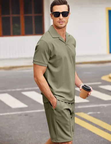 Vista 6 de COOFANDY Conjunto de camisa polo y pantalones cortos para hombre, trajes de verano de 2 piezas, pantalones cortos, trajes de moda casuales de manga