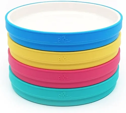 Vista 10 de Elk and Friends Platos blancos de porcelana para niños de 7.8 pulgadas con fundas de silicona, adecuados para bebés/niños pequeños, aptos