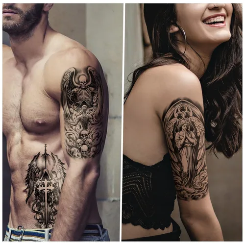 Vista 3 de 77 hojas de tatuajes temporales para mujeres y hombres, 17 hojas de tatuajes falsos grandes de ángel negro y diablo, 60 hojas de alas de corazón