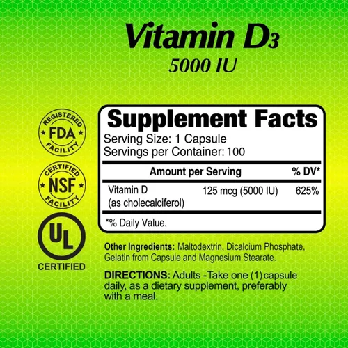 Vista 4 de ALFA VITAMINS Vitamina D3 5000 UI - Impulso inmunológico - Articulaciones y huesos saludables - 100 cápsulas