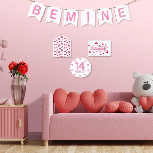 Vista 6 de 10 piezas de decoración de gnomos de San Valentín (bandeja no incluida), forma de corazón de madera de San Valentín y guirnalda de cuentas
