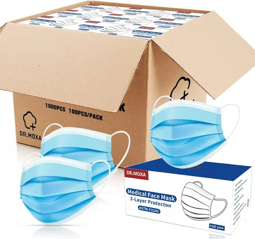 Vista 10 de DR.MOXA Paquete de 50 mascarillas desechables de grado médico de 3 capas para protección, color azul Cómodo, suave, transpirable