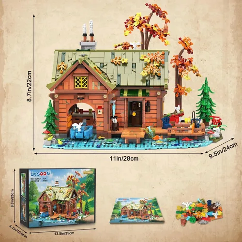 Vista 9 de INSOON Set de Construcción Mini de Cabaña sobre el Agua con Luz, 2423 PIEZAS, Juego de Bloques de Madera de Casa en el Bosque con Barco, Bicicleta