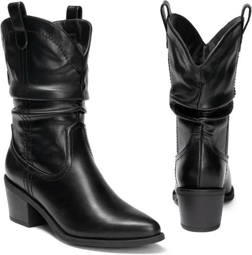 Vista 5 de DREAM PAIRS Botas vaqueras occidentales para mujer, botas vaqueras de media pantorrilla sin cierre