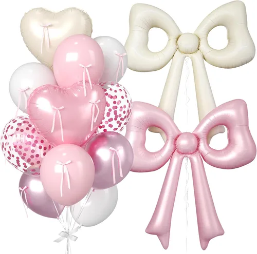 Vista 17 de 16 globos de corazón rosa, globos de lazo de 38 pulgadas, globo transparente rosa perla de doble relleno y arco en forma de corazón globo