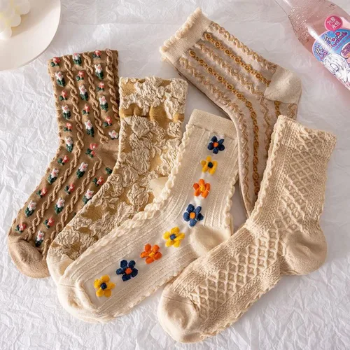Vista 11 de Juego de 6 pares de calcetines de algodón transpirables de punto floral para mujeres y niñas