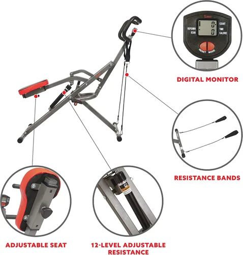 Vista 2 de Sunny Health & Fitness Row-N-Ride PRO, máquina de sentadillas completa para todo el cuerpo con banda de resistencia opcional, fácil de instalar