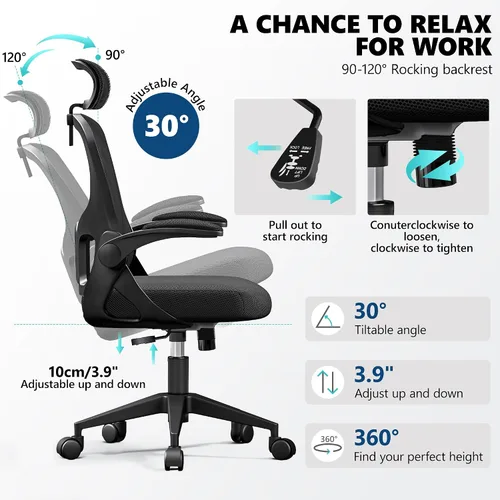 Vista 5 de Silla de oficina ergonómica, silla de escritorio de malla con reposacabezas ajustable y soporte lumbar, silla de computadora con ruedas con Negro