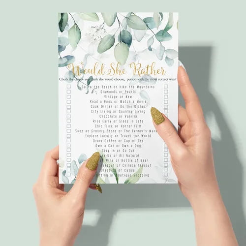 Vista 5 de Greenery - Juegos de despedida de soltera – 25 tarjetas – Quién conoce mejor a la novia y si prefiere – Diseños botánicos rústicos para recepción