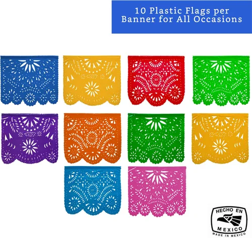 Vista 3 de Pancartas de fiesta mexicana (paquete de 5 con 10 banderas de plástico multicolor por bandera) + piñata mexicana (tamaño grande de 32 pulgadas)