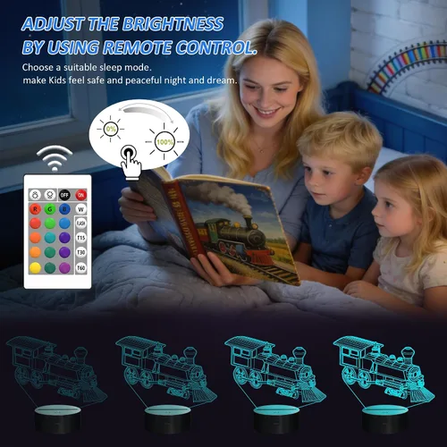 Vista 4 de FULLOSUN - Luz nocturna de tren, lámpara de ilusión 3D para niños, 16 colores que cambian con función de atenuación y control remoto, regalos