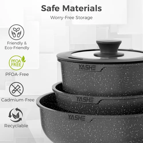 Vista 6 de YASHE 9Pcs Granite Nonstick Pots and Pans Set, Stackable, Oven Safe