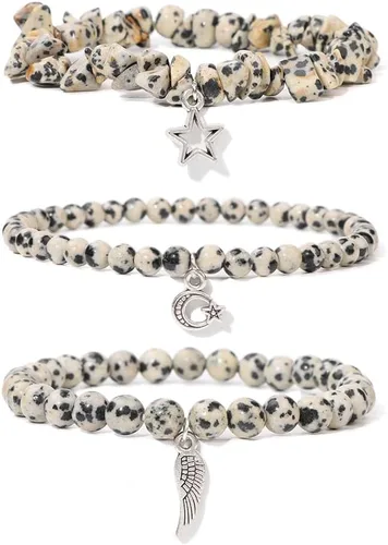 Vista 24 de Juego de 3 pulseras de cuentas de piedra natural para mujeres y hombres, estrellas y luna, alas de ángel, juego de pulseras curativas de reiki