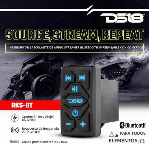 Vista 2 de DS18 RKS-BT - Interruptor basculante marino Bluetooth impermeable con controles - Receptor de audio BT inalámbrico integrado - RCA estéreo de 2.5 V