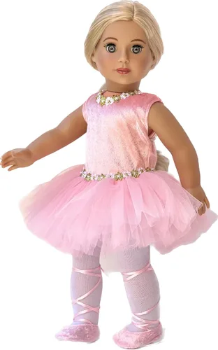 Vista 3 de Prima Bailarina - Traje de bailarina de 3 piezas para muñecas de 18 pulgadas, leotardo rosa con tutú, medias blancas y zapatos de ballet