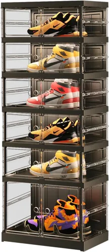 Vista 12 de EHAMILY - Organizador y almacenamiento de zapatos de 3 niveles, 6-12 pares, plegable, para armario, cajas de zapatos apilables de plástico