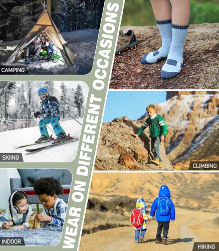 Vista 6 de NOCIN COLOR Calcetines de senderismo de lana merina para niños y niñas pequeños, térmicos, cálidos, para invierno, calcetines de regalo, 6 pares