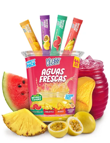 Vista 8 de Klass Aguas Frescas Mezcla de bebida en polvo 44 sobres de polvo sin azúcar Sabores - Pepino, limonada de lima, piña, mandarina, fresa, sandía