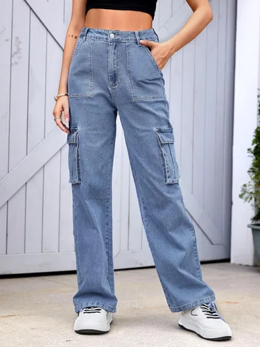 Vista 2 de ZMPSIISA Pantalones cargo de cintura alta para mujer, pantalones casuales de pierna ancha, 6 bolsillos, pantalones militares de combate