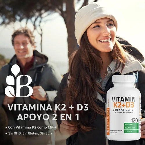 Vista 3 de Bronson Suplemento de Vitamina K2 D3 (MK7) Fórmula No-GMO Vitamina D3 5000IU (125 mcg) y 90 mcg K2 MK-7, Complejo D y K Fácil de Tragar, 60 Cápsulas