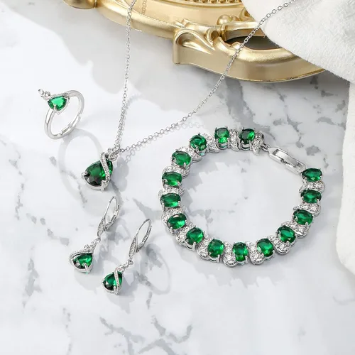 Vista 4 de BriLove Juego de joyas para novia, gota de agua con gas de circonita cúbica, collar con colgante de cristal, aretes de palanca y pulsera de tenis