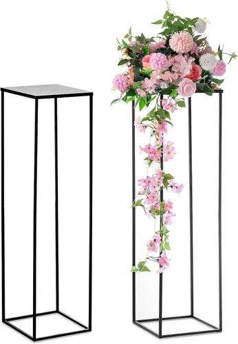 Vista 8 de Nuptio Jarrón de metal negro, 2 piezas de 15.7 pulgadas de alto, jarrones cilíndricos y cuadrados para centros de mesa, decoraciones para el hogar
