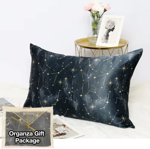 Vista 6 de MANSPHIL Paquete de 2 fundas de almohada de seda Queen con patrón de estrellas negras, seda de grado 6A 22 momme 100% seda de morera real, funda