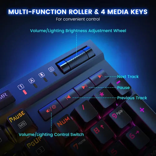 Vista 5 de RisoPhy PRO RGB - Teclado mecánico para juegos, iluminación RGB por tecla, teclas macro y controles dedicados de medios, reposamuñecas desmontable