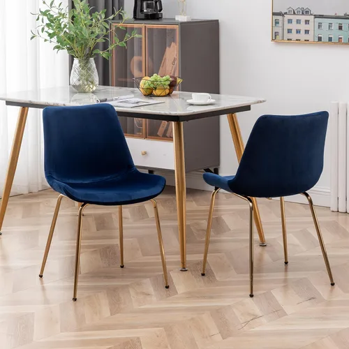 Vista 4 de R. Everett - Silla de comedor moderna de terciopelo con patas chapadas en oro duraderas, juego de 2, color azul