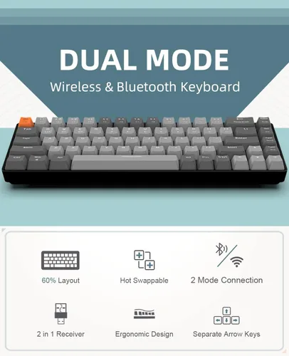 Vista 2 de ZIYOU LANG RK68 Teclado mecánico inalámbrico 60%, receptor de modo dual Bluetooth 5.02.4Ghz, mini 68 teclas intercambiables en caliente, teclas