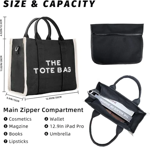 Vista 4 de The Tote Bag for Women, CanvasLeather Tote Bag with Zipper Sturdy Tote Purse Crossbody Hand Bag for School, Travel