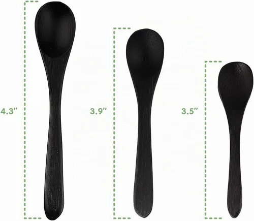 Vista 4 de BambooMN Cucharas de bambú para servir, mini cuchara de azúcar con sal, pequeñas cucharas de madera para especias, ovalada negra de 3.5 pulgadas, 10