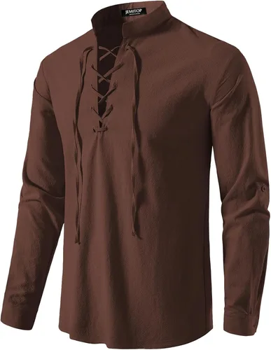 Vista 85 de JEMITOP Men's Pure Cotton Renaissance Lace Up Shirt Verde militar