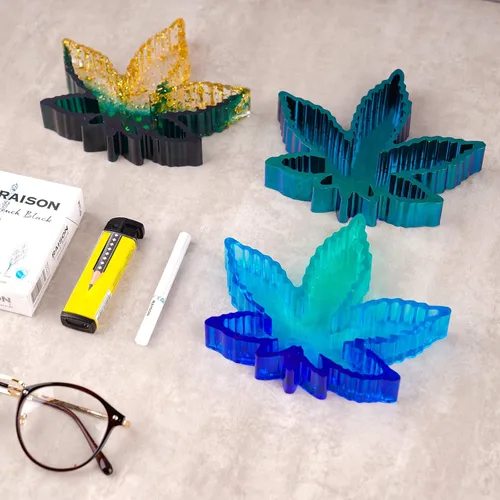 Vista 5 de NiArt Kit de molde de silicona de fundición de resina epoxi + lentejuelas láser verdes, tamaño pequeño, cenicero y posavasos con forma de hoja
