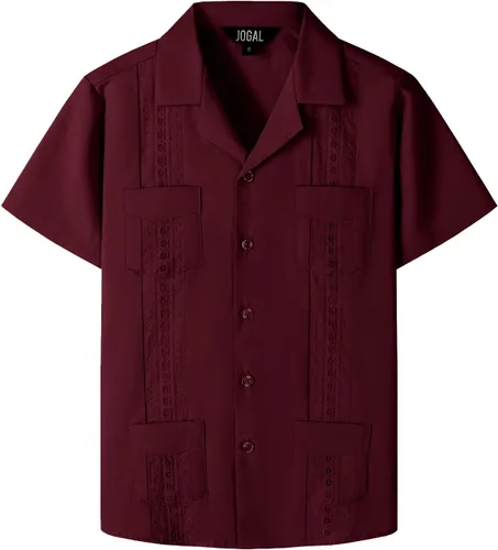 Vista 9 de JOGAL Camisas guayabera cubanas para niños de manga corta con botones, camisa casual de playa Verde militar