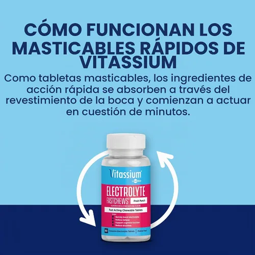 Vista 4 de Vitassium FastChews con electrolitos para reabastecimiento de sodio y potasio, botella de 60 comprimidos FastChews, Fruit Punch